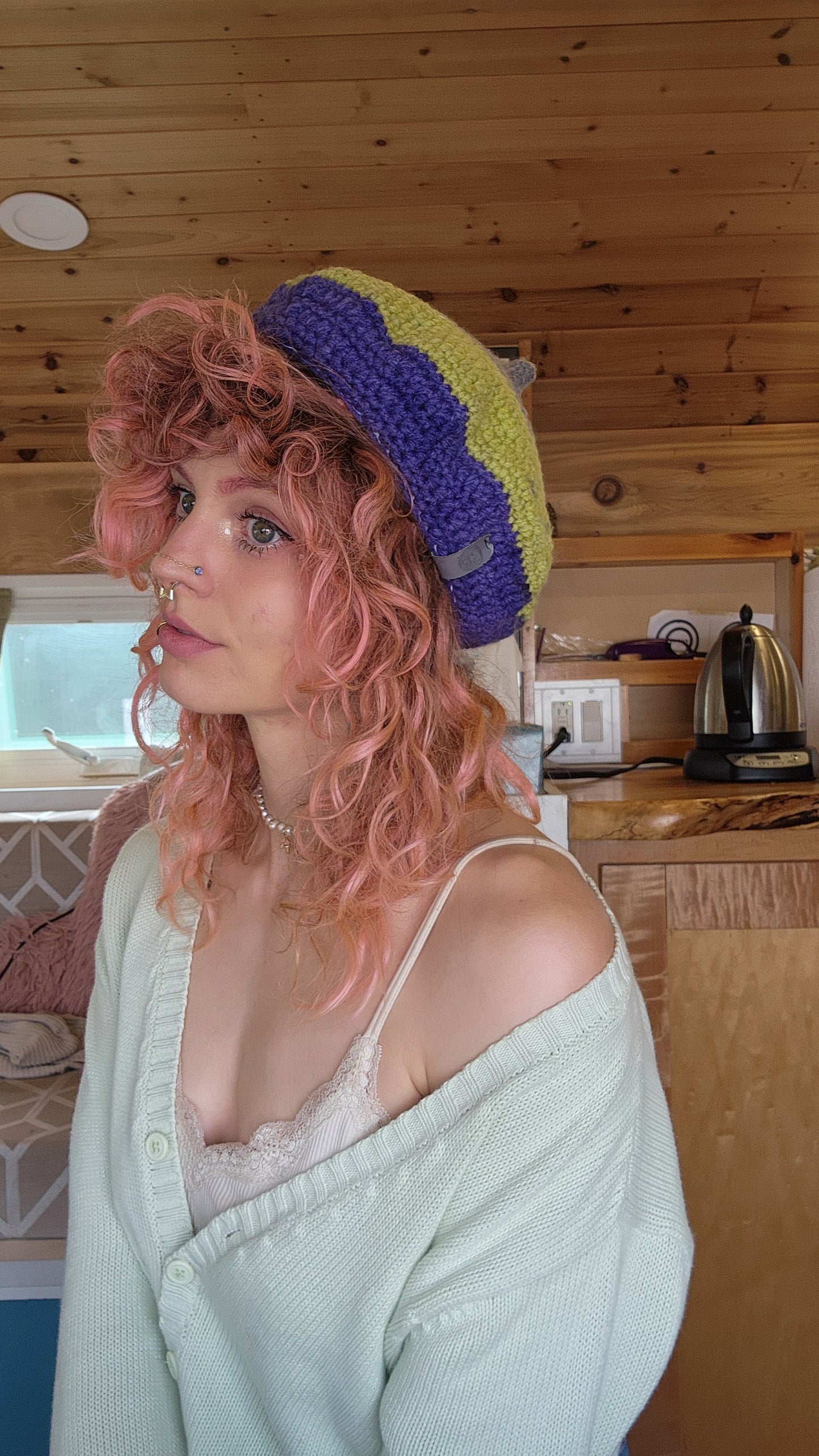 Fae Beret - Grey, Chartreusse, & Indigo
