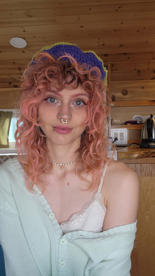 Fae Beret - Grey, Chartreusse, & Indigo