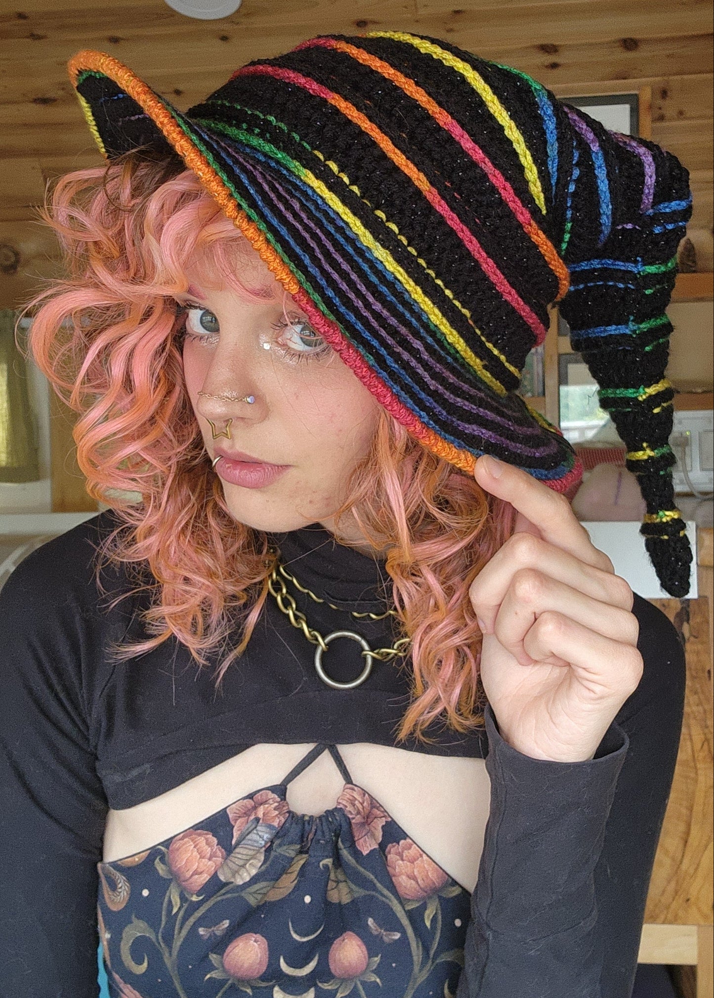 Slouchy Witch Hat (Extra Long) - Sparkly Black & Rainbow