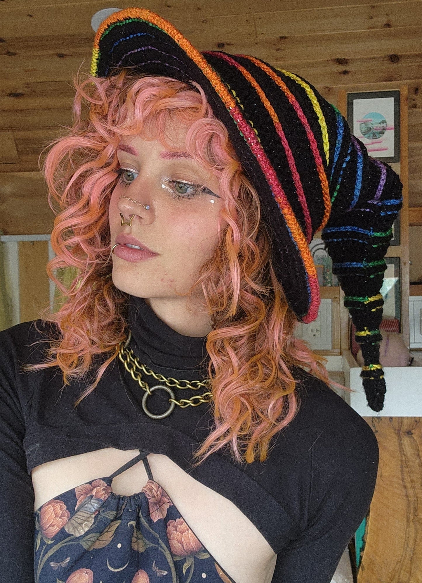 Slouchy Witch Hat (Extra Long) - Sparkly Black & Rainbow