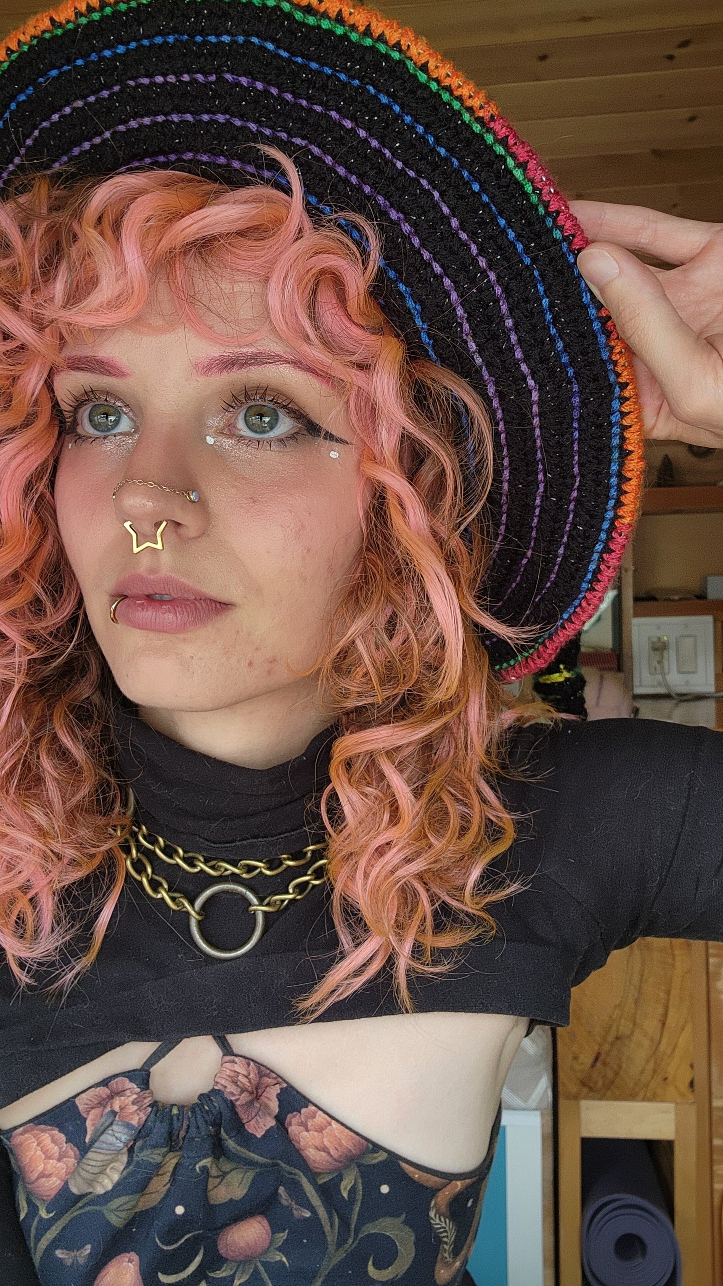 Slouchy Witch Hat (Extra Long) - Sparkly Black & Rainbow