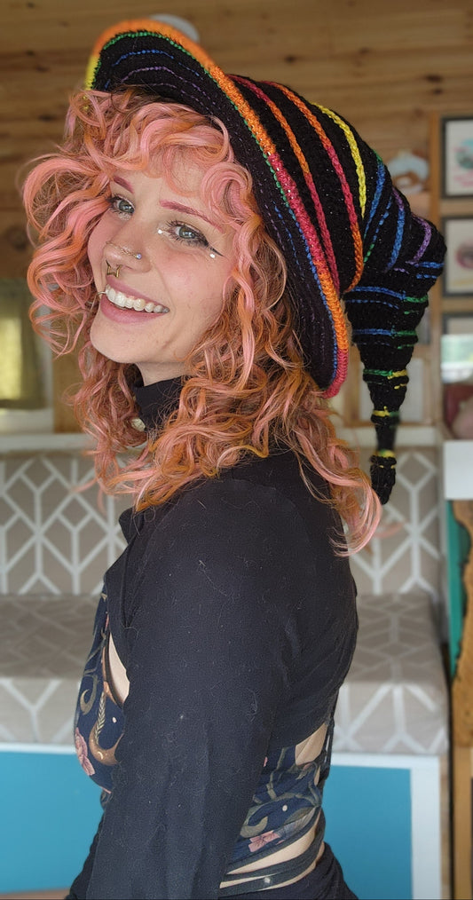 Slouchy Witch Hat (Extra Long) - Sparkly Black & Rainbow