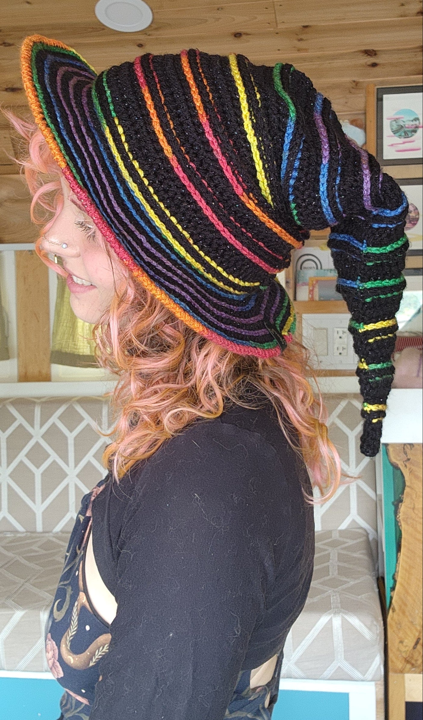 Slouchy Witch Hat (Extra Long) - Sparkly Black & Rainbow