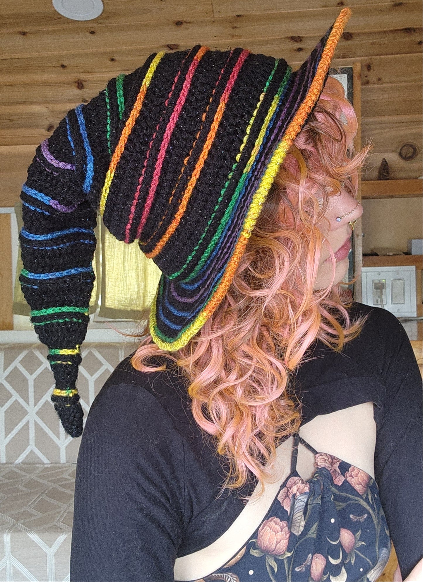 Slouchy Witch Hat (Extra Long) - Sparkly Black & Rainbow