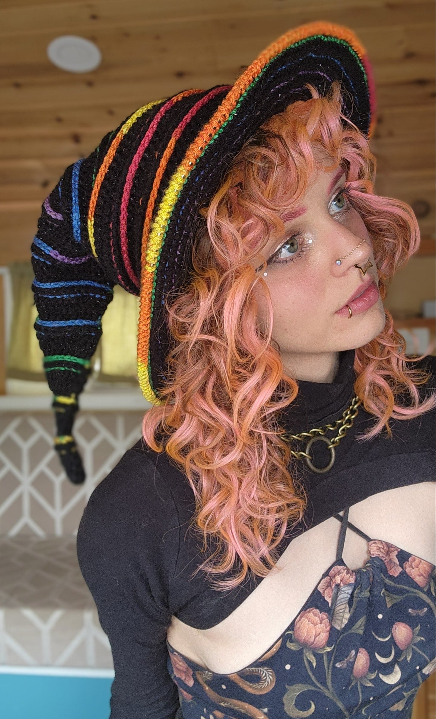 Slouchy Witch Hat (Extra Long) - Sparkly Black & Rainbow