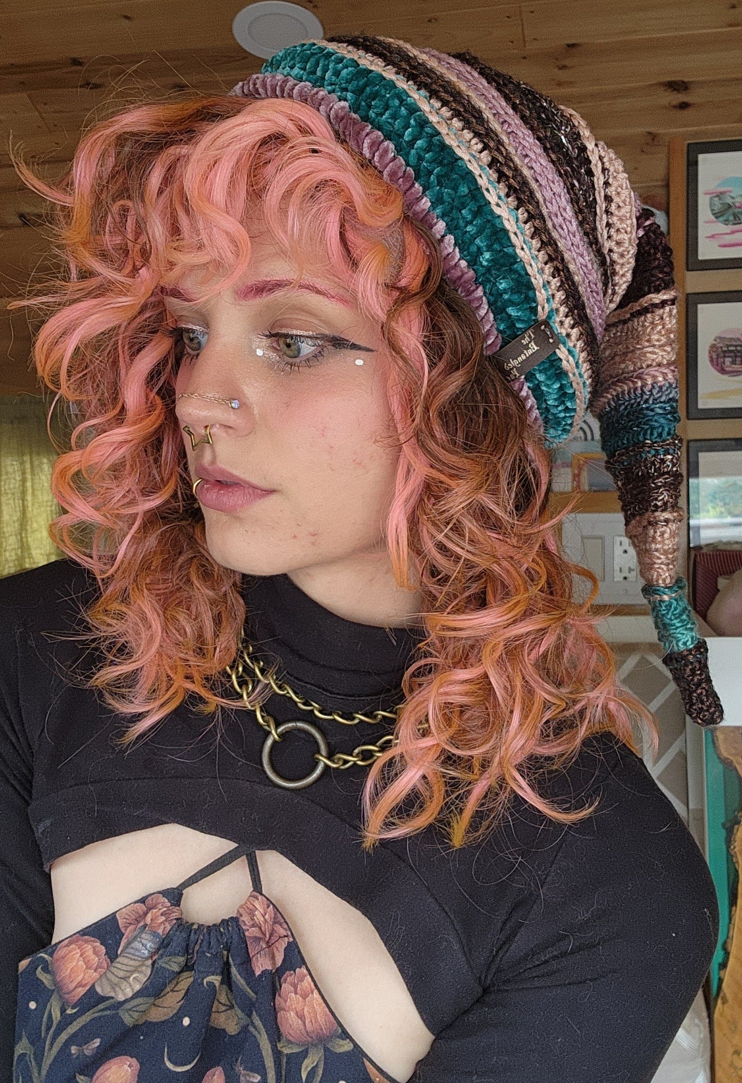 Elf Beanie - Mauve, Blue, & Brown Patchwork