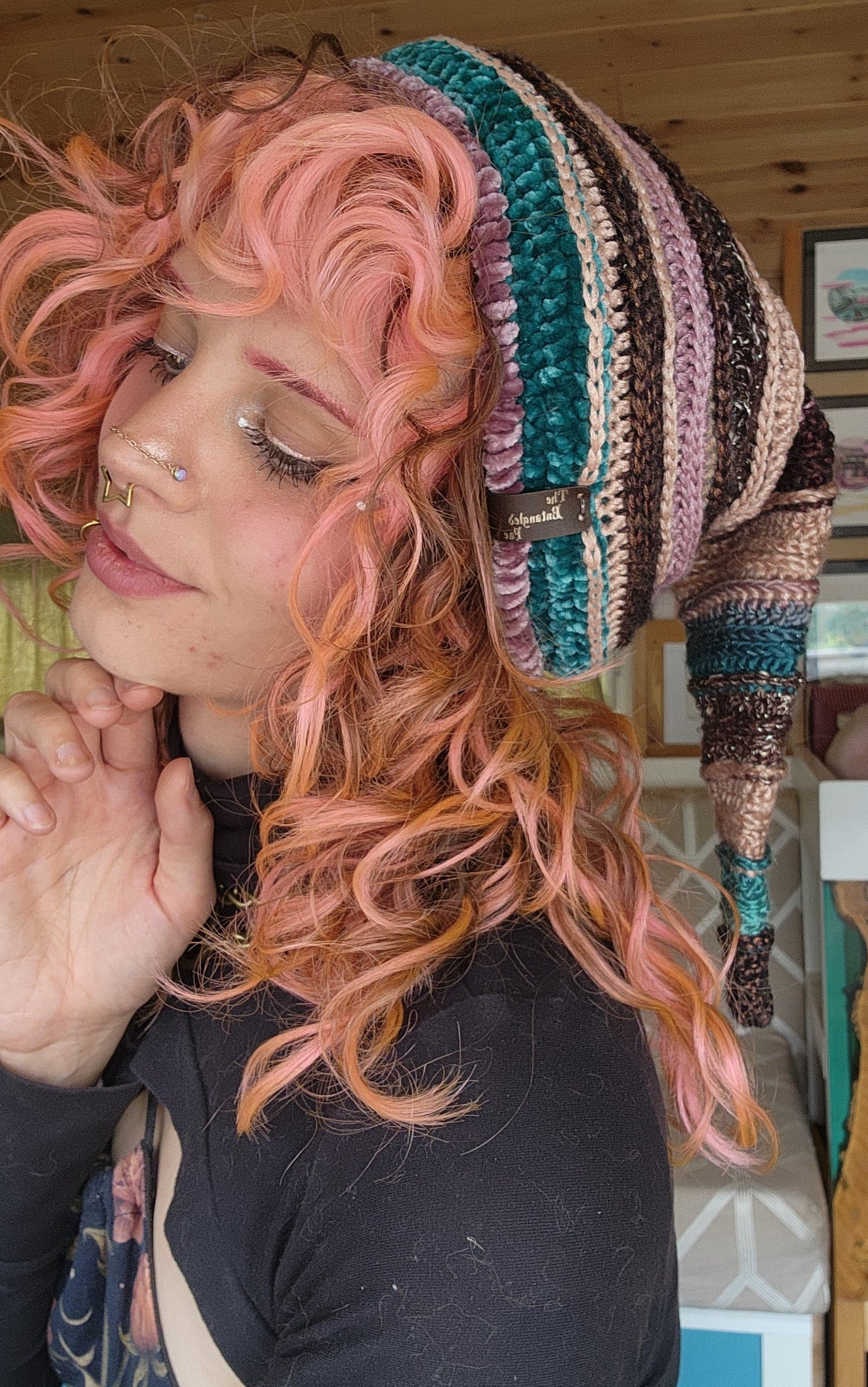 Elf Beanie - Mauve, Blue, & Brown Patchwork
