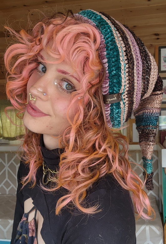 Elf Beanie - Mauve, Blue, & Brown Patchwork