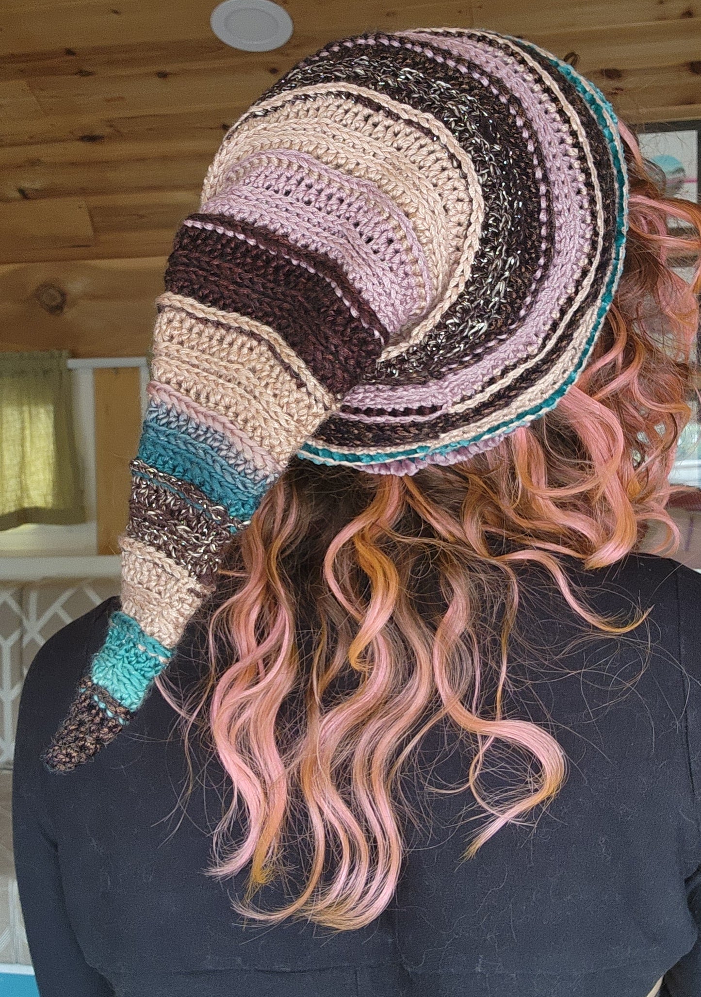 Elf Beanie - Mauve, Blue, & Brown Patchwork