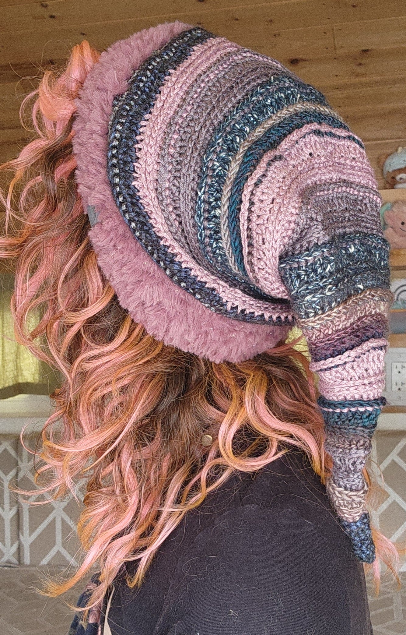 Elf Beanie - Mauve, Blue, & Grey Patchwork