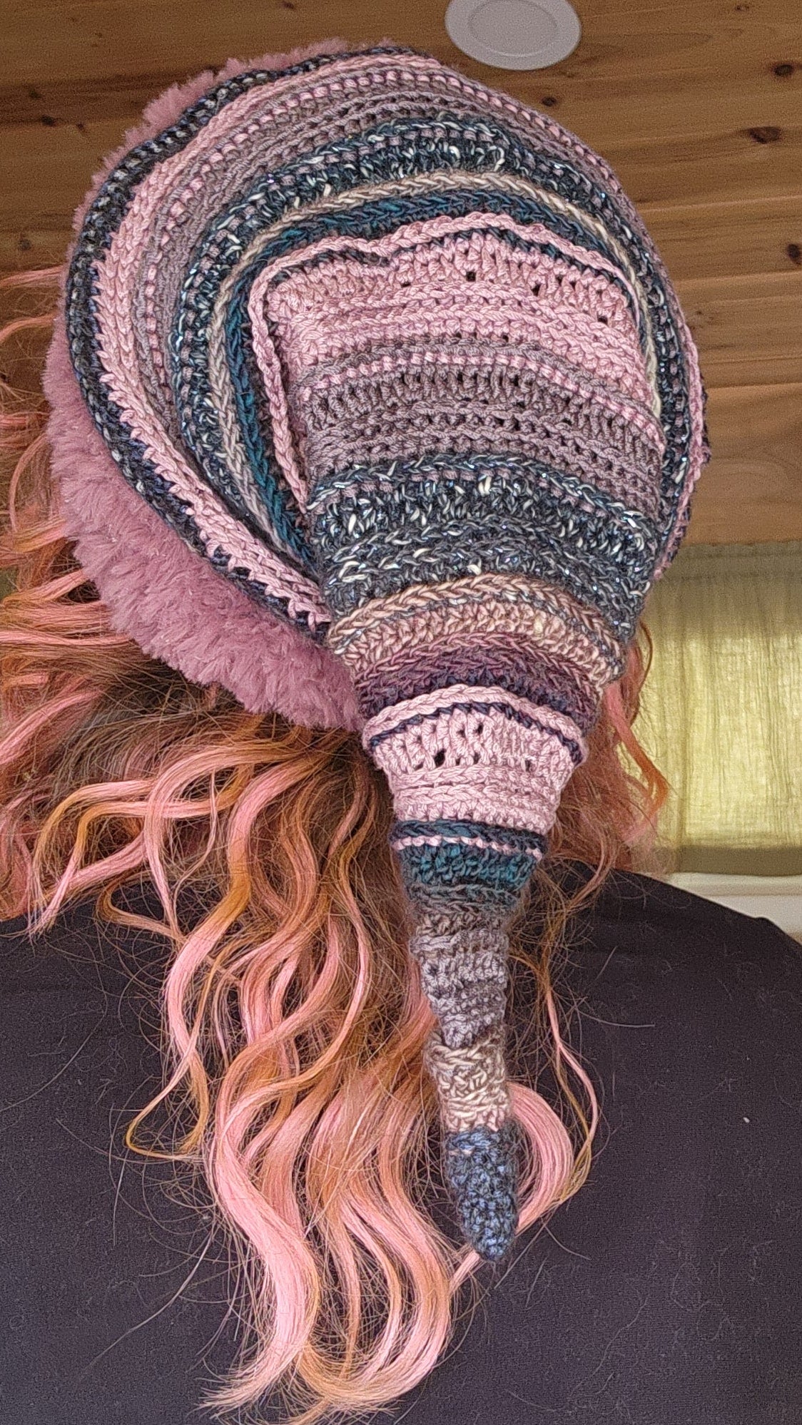Elf Beanie - Mauve, Blue, & Grey Patchwork